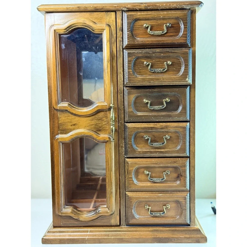 Vintage 1981 Avon Team Leader Jewelry Box Wooden Armoire Mirror 6 Drawers
